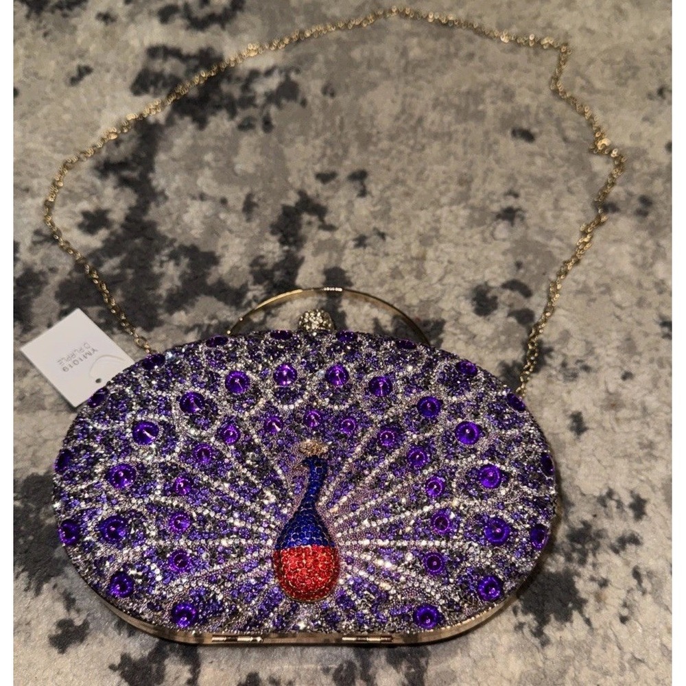 Peacock PURPLE Rhinestone Evening Bag Beaded Clutch Purse Gold Trim Chain Womens